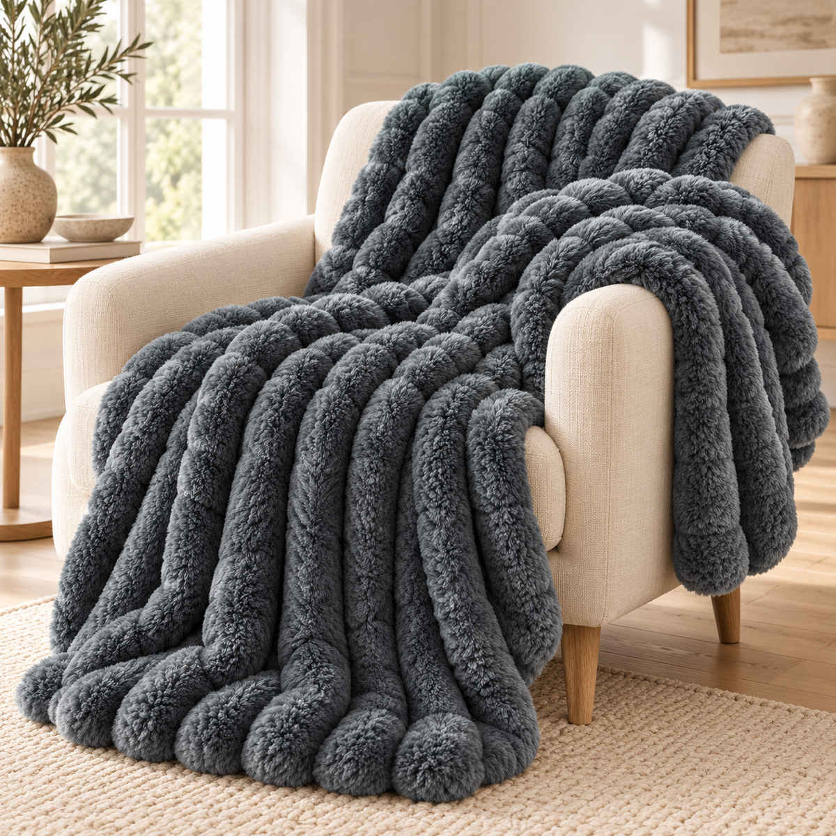 Plaid texturé gris Cocooning 180 × 200 cm sur un fauteuil — mise en scène illustrative