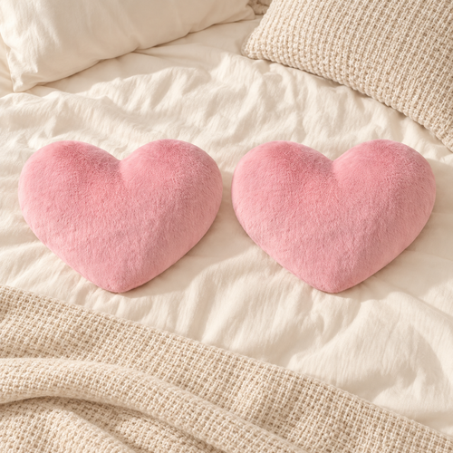 Lot de deux coussins cœur roses — sur un lit — Cocooning