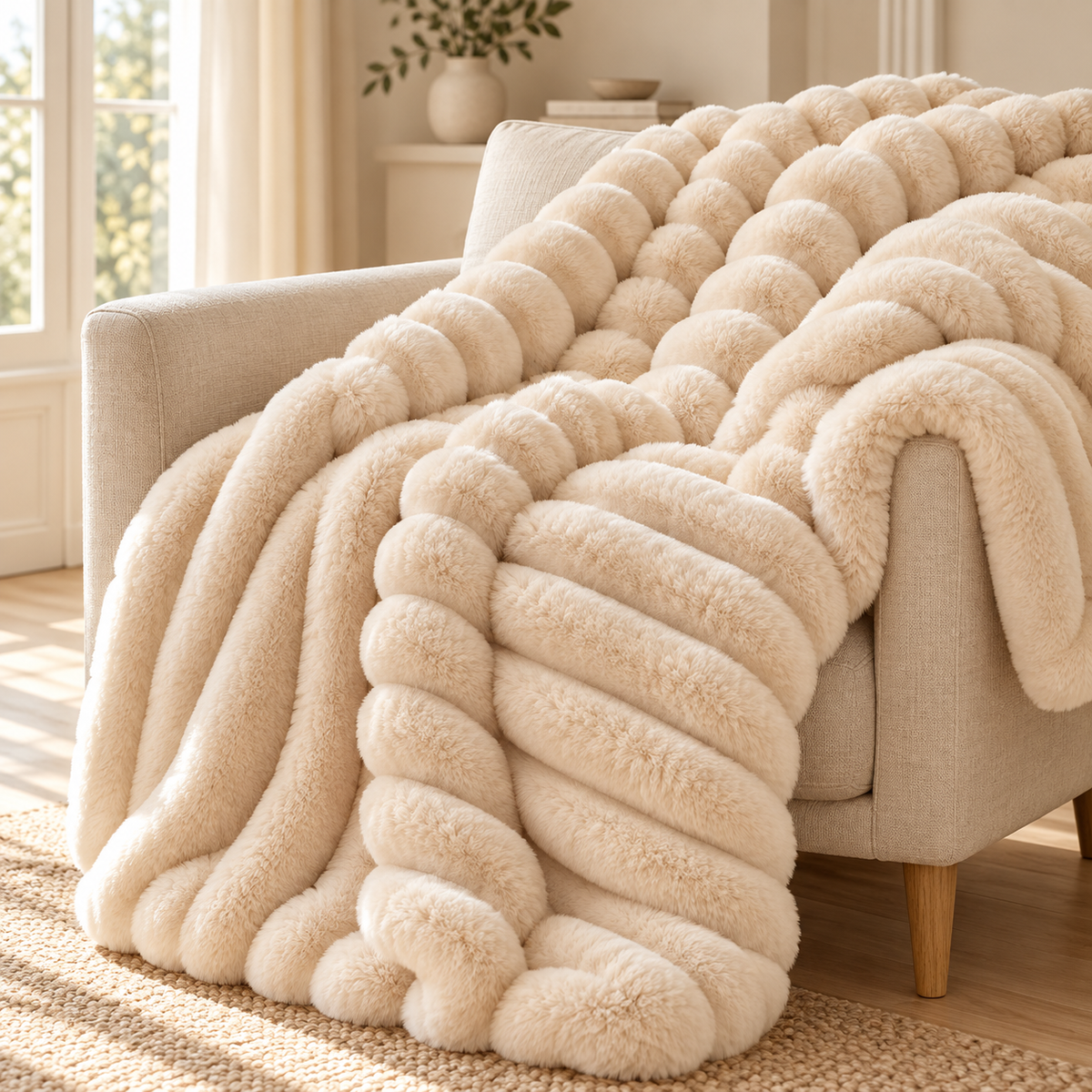 Plaid texturé beige Cocooning 180 × 200 cm sur un fauteuil — mise en scène illustrative