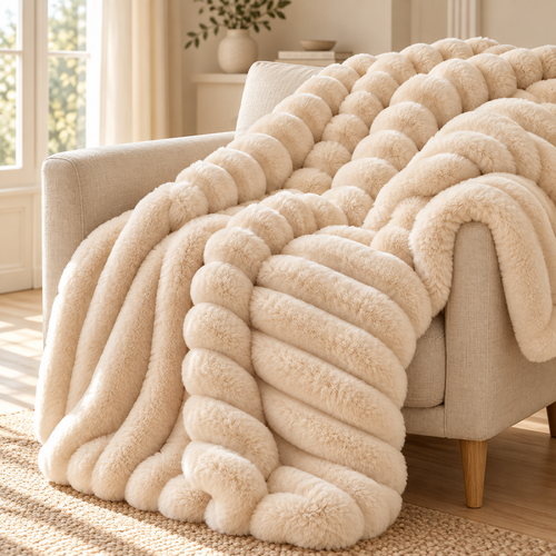 Plaid texturé beige Cocooning 180 × 200 cm sur un fauteuil — mise en scène illustrative