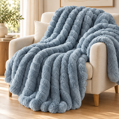 Plaid texturé bleu Cocooning 180 × 200 cm sur un fauteuil — mise en scène illustrative