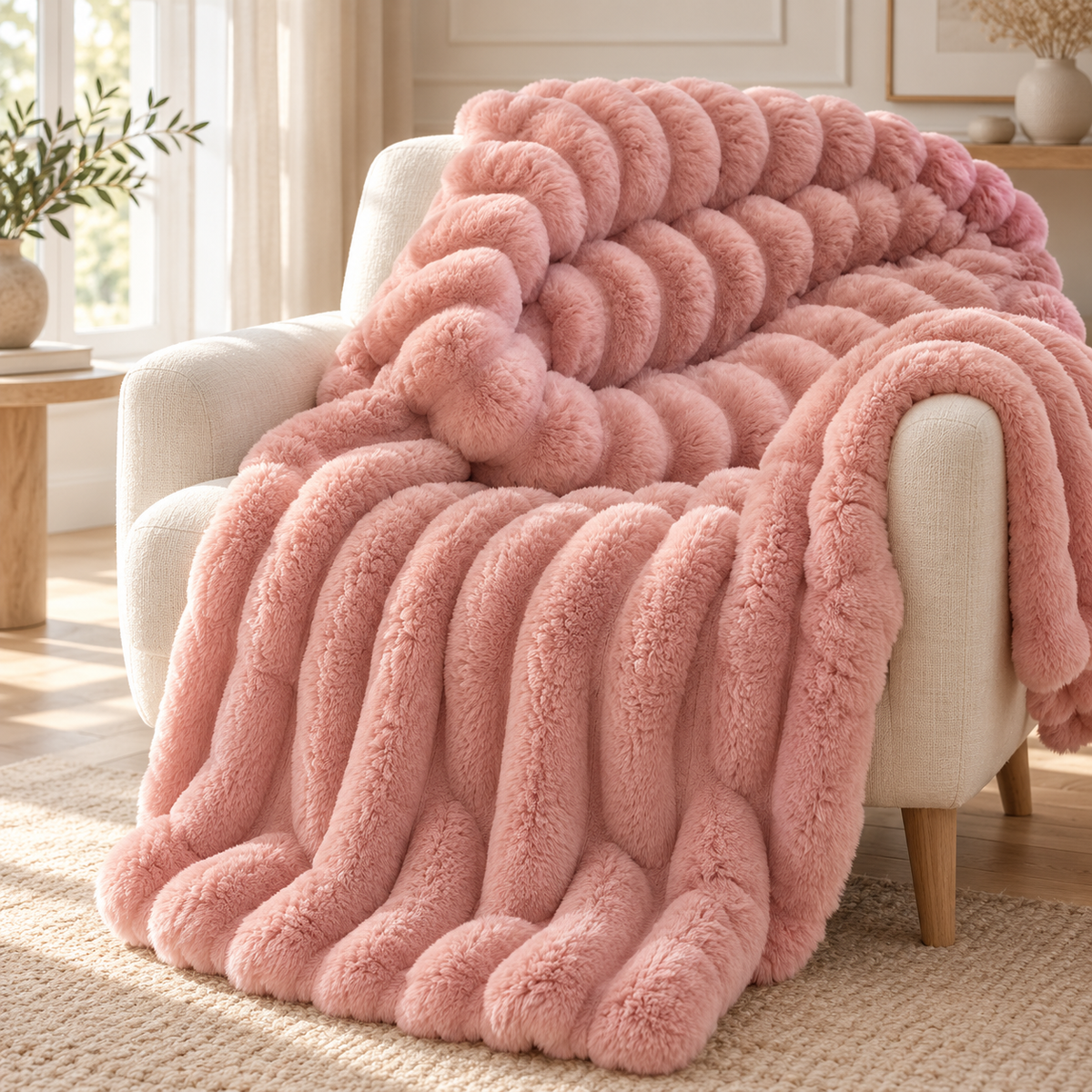 Plaid texturé rose Cocooning 180 × 200 cm sur un fauteuil — mise en scène illustrative